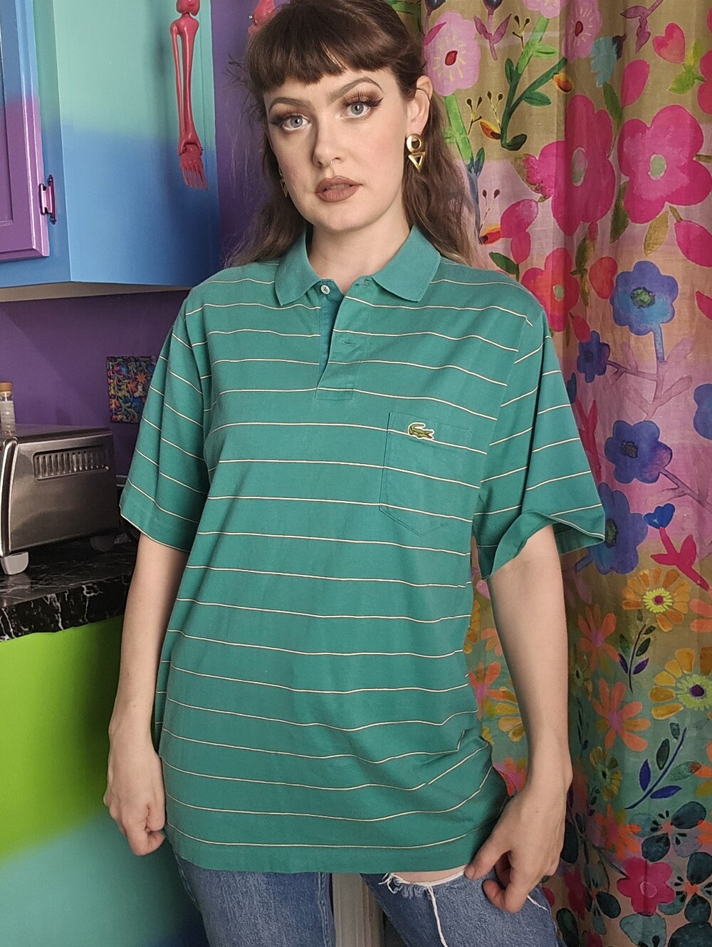 Vintage Izod Lacoste Turquoise Stripe Polo Shirt L 100% Cotton Single Stitch - Picture 7 of 8